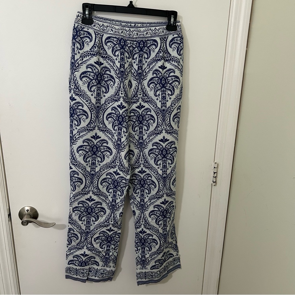 FARM Rio | Blue and White Paisley Palm Tree Patterned Linen Blend Pants | Size S